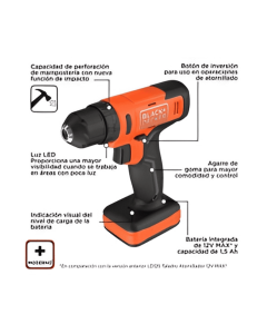 Taladro Atornillador Percutor Inalambrico 12V Mandril 3/8" Black + Decker BCD712VHD-B3