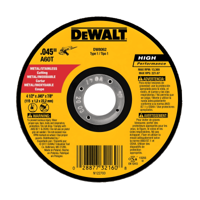 Disco Corte Fino 4-1/2  X 0.045 para Metal Dewalt Dw8062-Ar