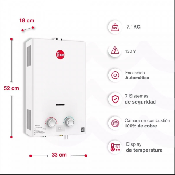 Calentador De Agua 6Lt Gas Propano Tiro Forzado Rheem 600074668