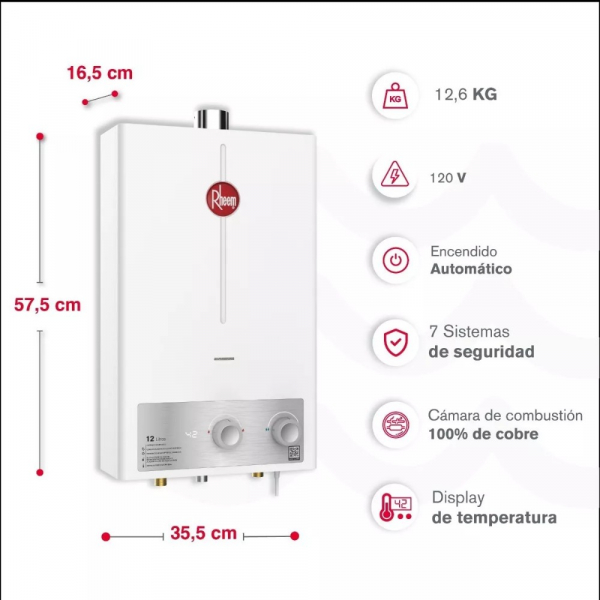 Calentador De Agua 12Lt Gas Natural Tiro Forzado Rheem 600074724