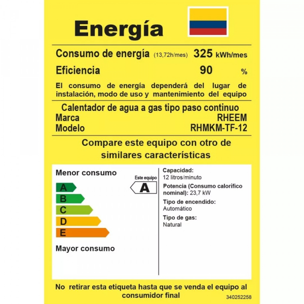 Calentador De Agua 12Lt Gas Natural Tiro Forzado Rheem 600074724