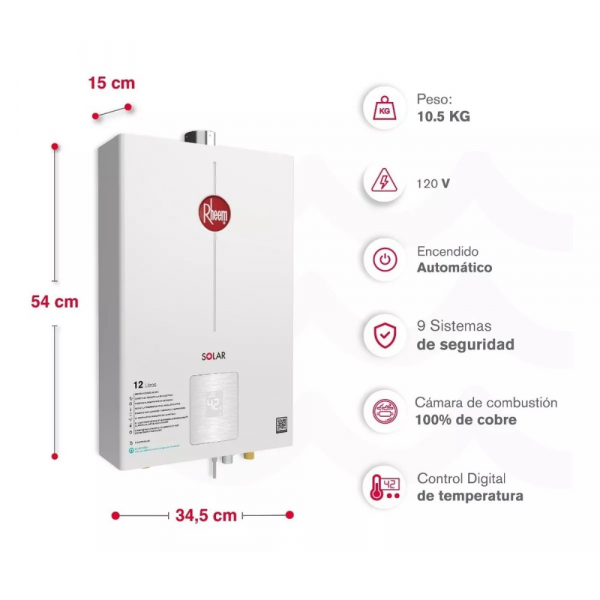Calentador De Agua 12Lt Gas Propano Tiro Forzado Rheem 600074672 Digital
