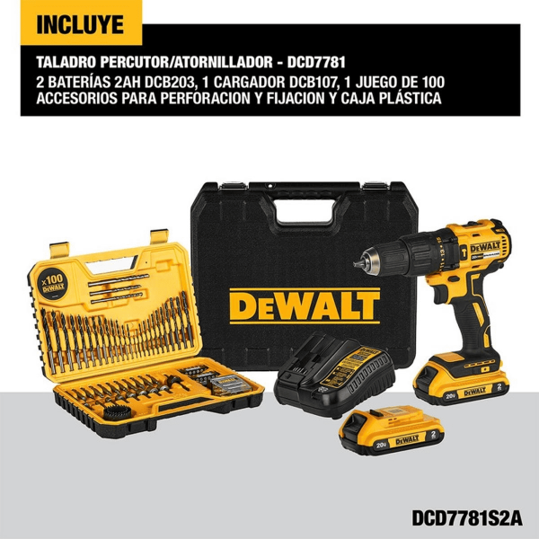 Kit de Taladro Percutor 1/2 (13mm) + 2 Baterias 20v + Set De 100 Piezas Dewalt  Dcd7781S2A-B3 