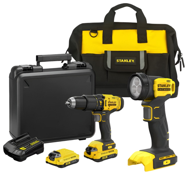 Taladro Percutor 20V+Linterna 20V 140 Lm+2 Baterias (1.5Ah)+Cargador+Bolso De Lona Stanley