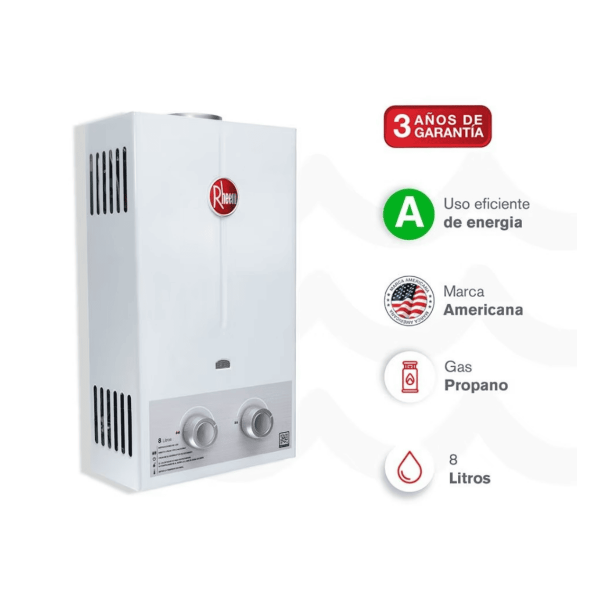Calentador De Agua 8Lt Gas Propano Tiro Natural Rheem 600074661+Kit Calentador