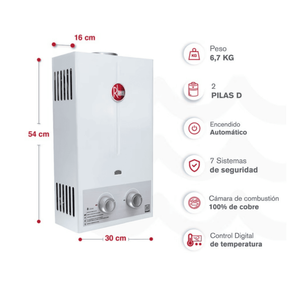 Calentador De Agua 8Lt Gas Propano Tiro Natural Rheem 600074661+Kit Calentador
