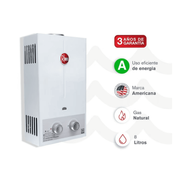 Calentador De Agua 8Lt Gas Natural Tiro Natural Rheem 600074660+Kit Calentador