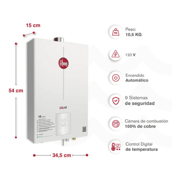 Calentador De Agua 10Lt Glp Tiro Forzado Rheem 600074670 Digital+Kit Calentador
