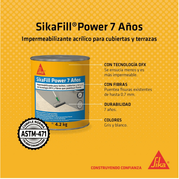 Sikafill Power 7 Años Gris Impermeabilizante Acrílico Para Cubiertas, Techos Y Terrzas 4.2Kg