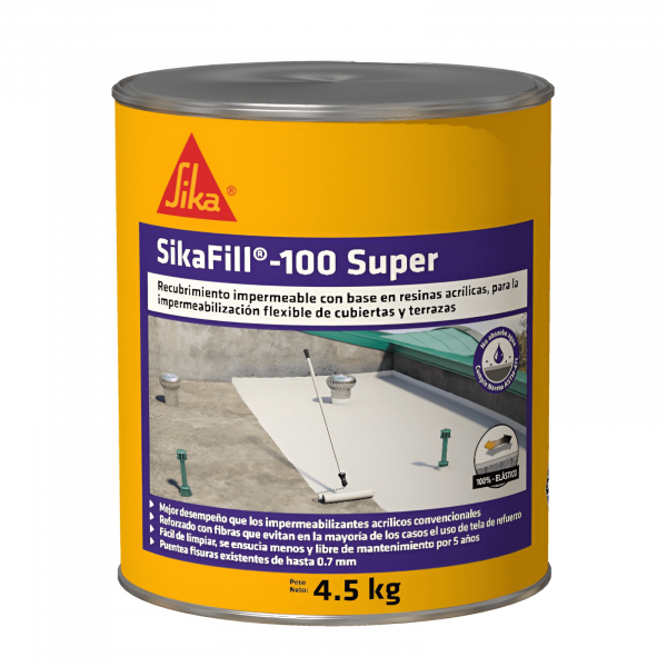 Sikafill 100 Super Blanco Impermeabilizante Acrílico Para Cubiertas, Techos Y Terrazas 4.5Kg